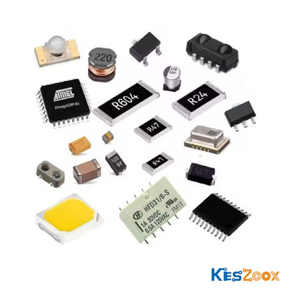 SMD electronic components assortment — Atmel ATmega328P MCU, SMD resistor R604 R24, tantalum capacitor, inductor, relay HFD31, LED, crystal oscillator — ready stock at Keszoox