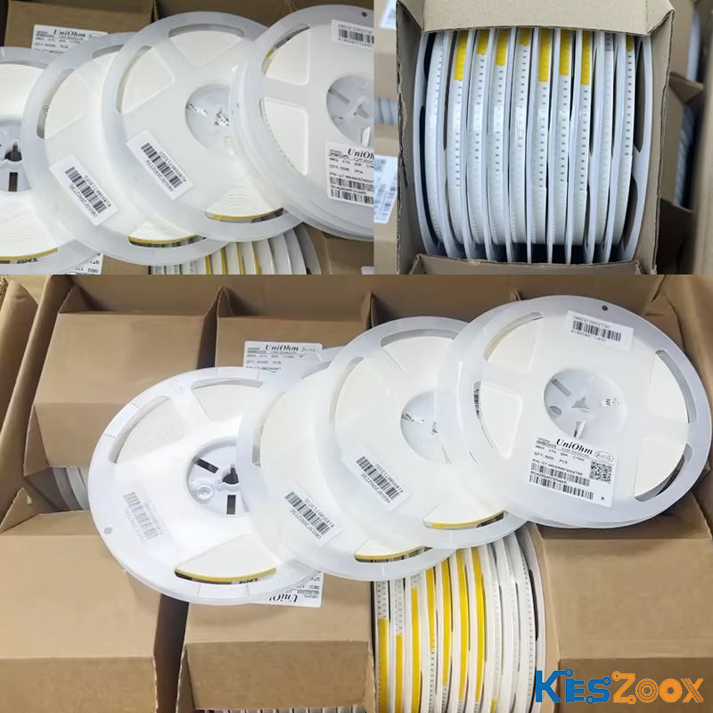 UniOhm brand SMD chip resistor tape-and-reel stock — multiple white reels with UniOhm barcode labels, yellow carrier tape, 0402 0603 0805 1206 SMD resistors in full reel 5000pcs 10000pcs packaging — ready stock for PCBA pick-and-place machine loading at Keszoox