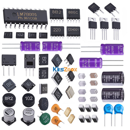 Passive and discrete electronic components assortment at Keszoox — LM78005 SOIC-16 IC, 8B2 8BEC SOP-8 chips, CD4001 logic IC, SMD resistors 102 100 003, TO-220 MOSFETs and transistors, BC D2PAK transistors, 882 SOT-223 components, purple EULCOI EDLC supercapacitors 2.7V 5F, aluminum electrolytic capacitors 400V 1500uF 460VH, shielded SMD power inductors 8R2 102, SMD aluminum electrolytic 40UF 100V, NTC thermistors green orange, MLCC ceramic capacitors, film capacitors, blue ceramic disc capacitors — all pas