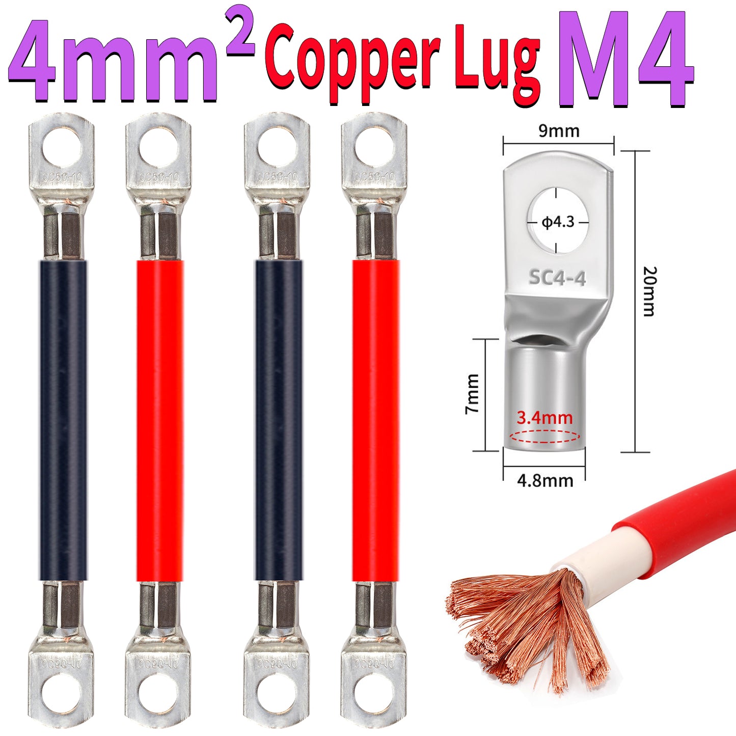 4mm² pure copper cable with M4 ring terminal SC4-4, crimped copper lug wire for power and grounding applications