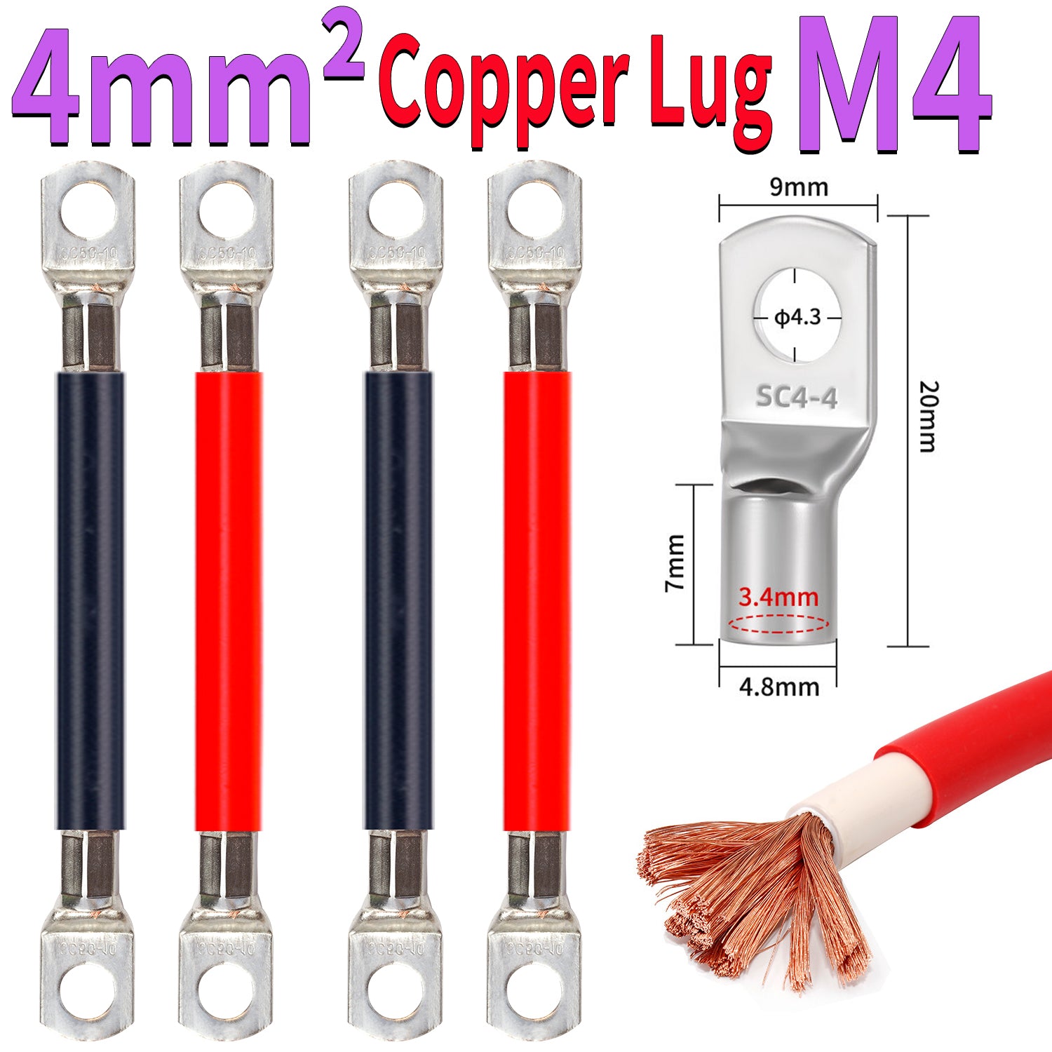 4mm² pure copper cable with M4 ring terminal SC4-4, crimped copper lug wire for power and grounding applications