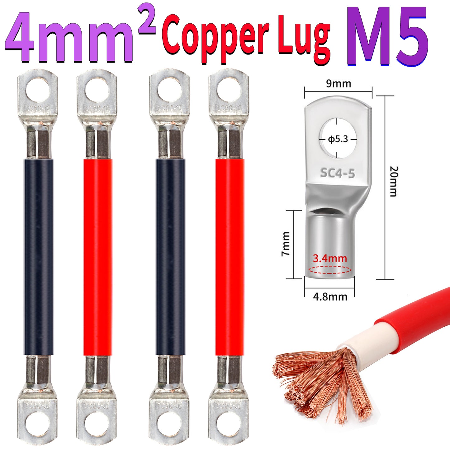 4mm² pure copper cable with M5 ring terminal SC4-5, crimped copper lug wire for power and grounding applications