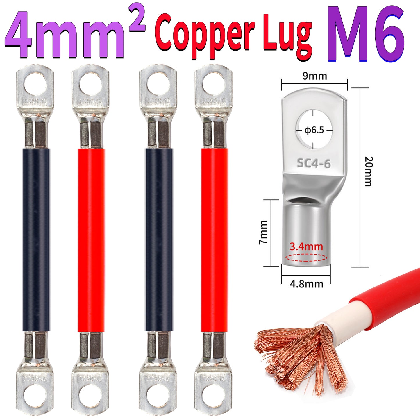 4mm² pure copper cable with M6 ring terminal SC4-6, crimped copper lug wire for power and grounding applications