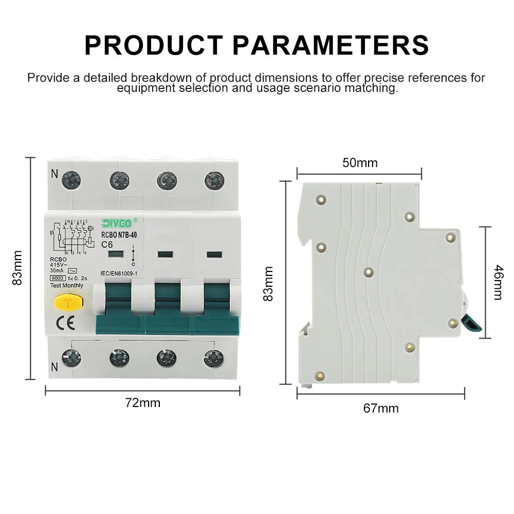 4P electro-magnetic RCBO circuit breaker for overcurrent protection