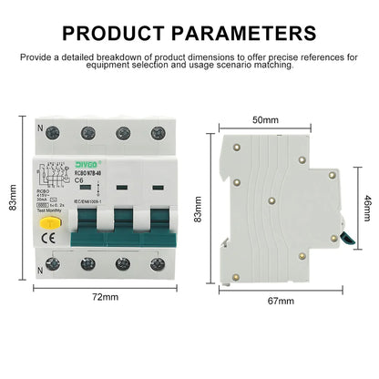 4P electro-magnetic RCBO circuit breaker for overcurrent protection
