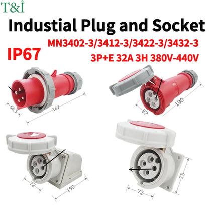 4Pin 32A-3h refrigerated container industrial plug, quad marine four hole connector socket, 380-440V MN3412