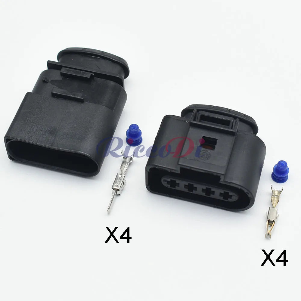 Close-up of 4 Pins male female ignition coil connector terminals 4B0973724 638245-1 1J0973724 1J0973824