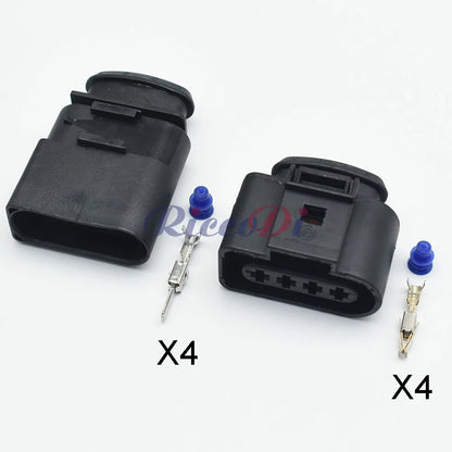 Close-up of 4 Pins male female ignition coil connector terminals 4B0973724 638245-1 1J0973724 1J0973824
