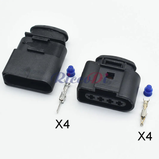 Close-up of 4 Pins male female ignition coil connector terminals 4B0973724 638245-1 1J0973724 1J0973824