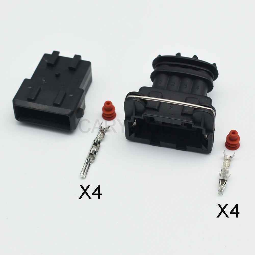 Close-up of terminals for 4 Pin 3.5mm automotive junior power timer socket plug connector 282192-1 for oxygen sensor and ignition coil