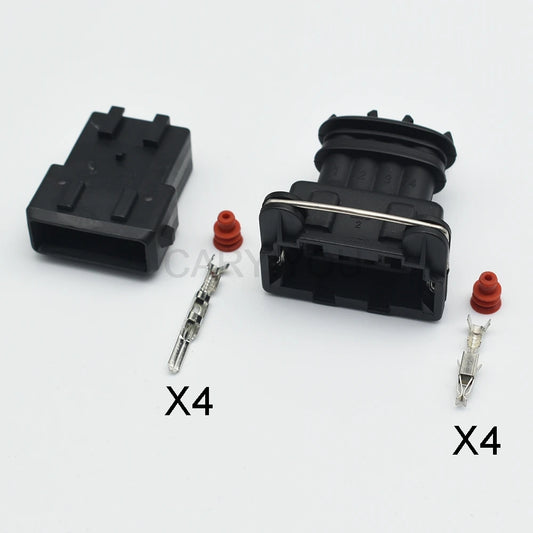 Close-up of terminals for 4 Pin 3.5mm automotive junior power timer socket plug connector 282192-1 for oxygen sensor and ignition coil