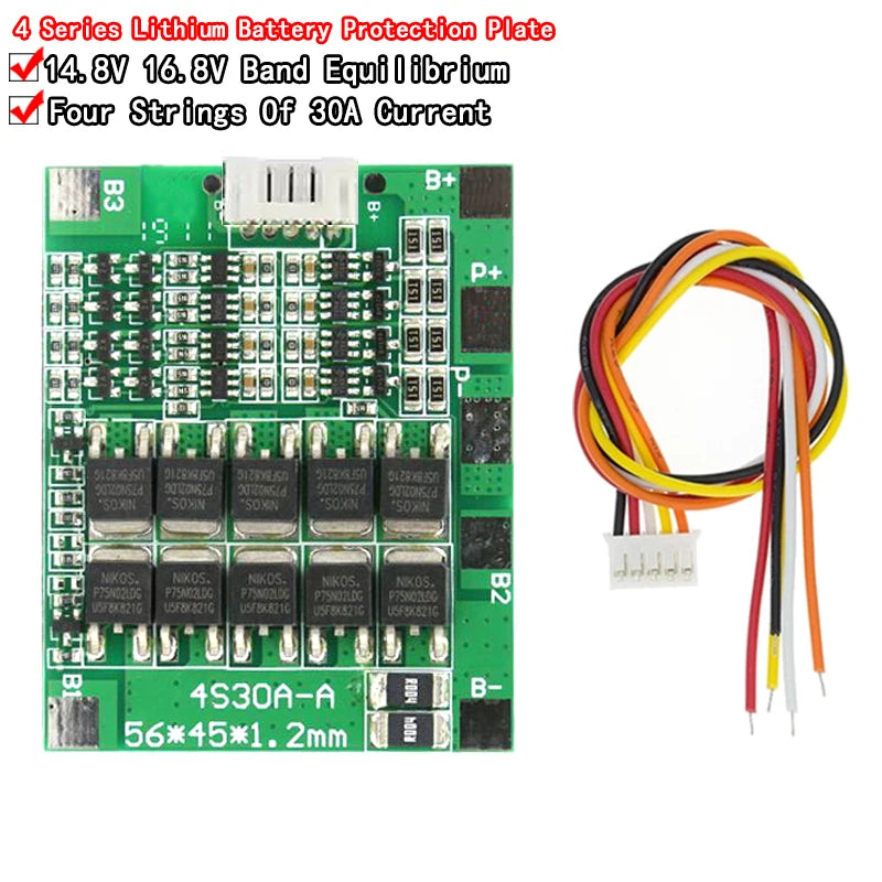 4S 14.8V 30A Li-ion battery BMS protection board with balancing circuit, suitable for 18650 battery packs and DIY power storage projects
