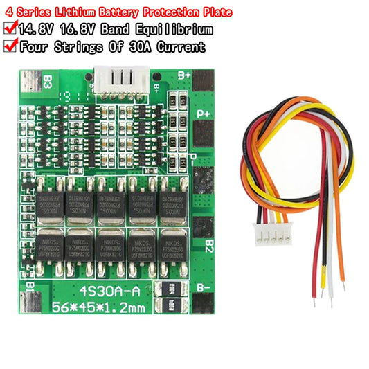 4S 14.8V 30A Li-ion battery BMS protection board with balancing circuit, suitable for 18650 battery packs and DIY power storage projects