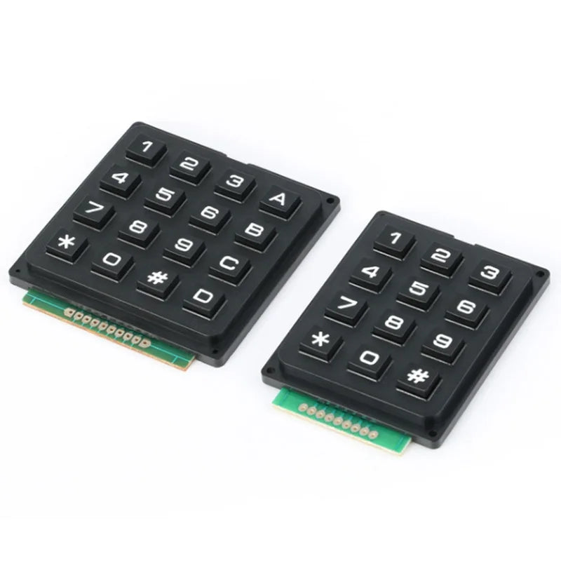 4x3 / 4x4 microcontroller keypad matrix with 16 pushbutton keys, supporting row and column scanning for industrial and DIY electronics projects