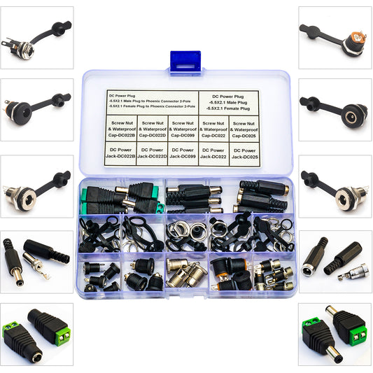 Complete 5.5x2.1mm DC power connector kit including male and female jacks with waterproof protective cap