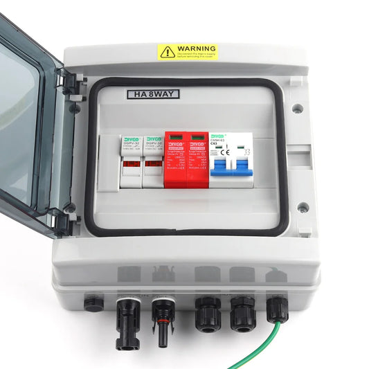 500V 1 input 1 output DC solar PV combiner box with MCB, DC fuse, and SPD protection