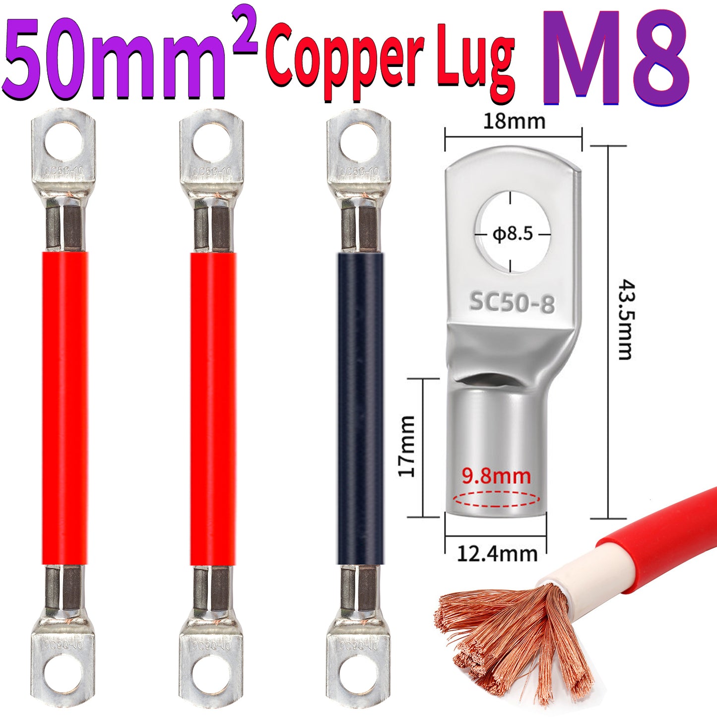 50mm² copper ring lug power cable with M50 terminal and M8 hole for battery and inverter systems