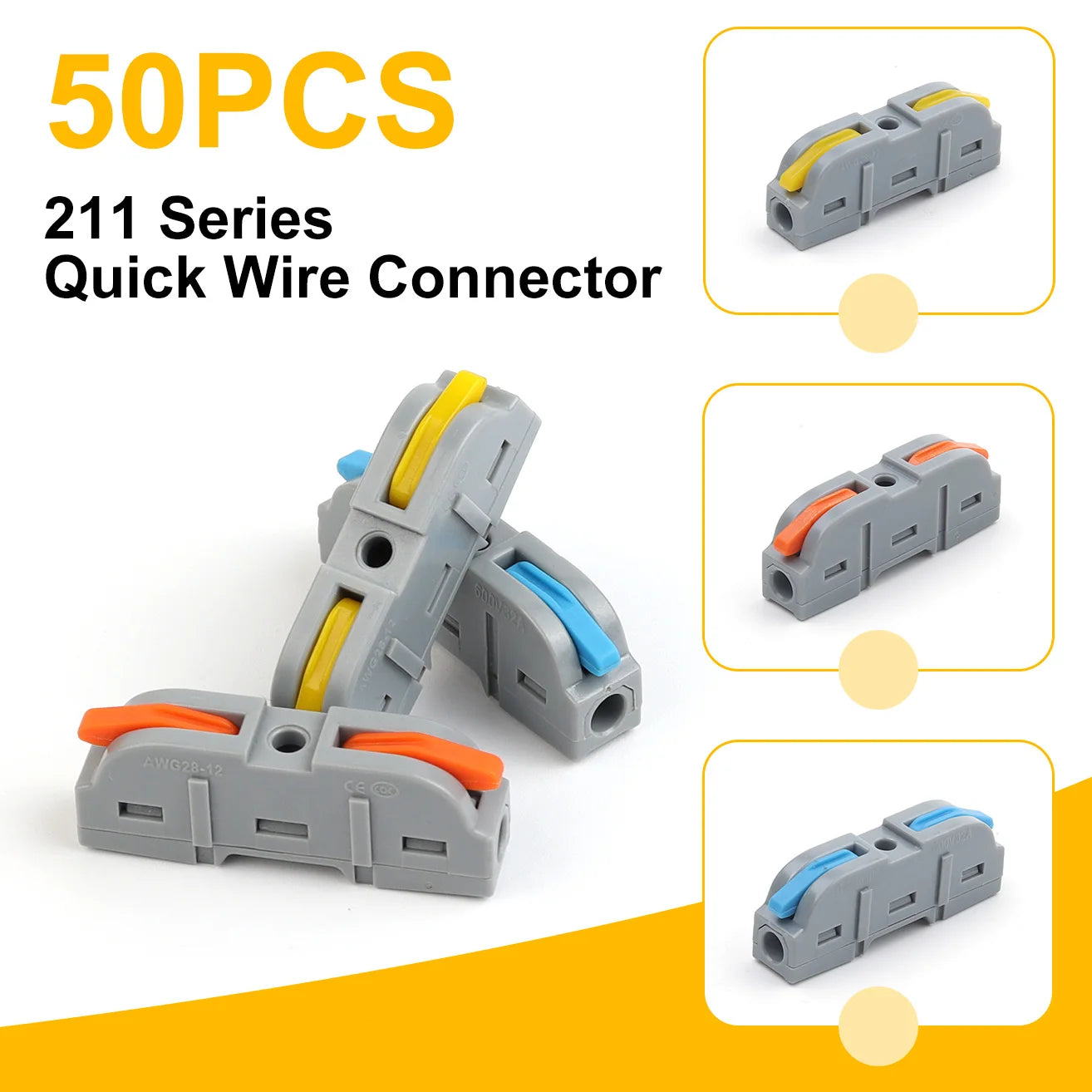 50PCS lever wire connectors 1 to 1 inline push-in splice insulated terminal