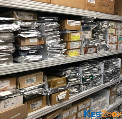 Keszoox warehouse shelves stocked with anti-static ESD bags containing IC chips and electronic modules — TLD1455B and other components in moisture barrier packaging — large ready stock inventory for PCBA and EMS production orders