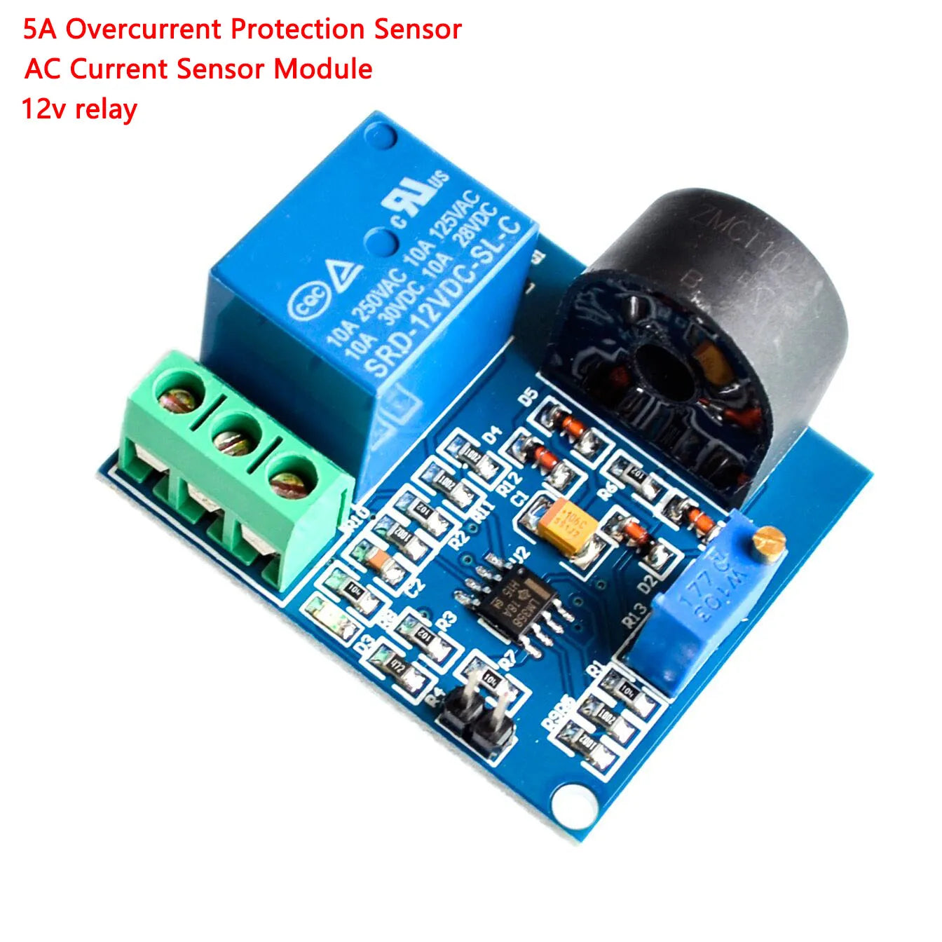 5A AC overcurrent protection sensor module with 12V relay for automatic circuit protection and current monitoring in electronic projects