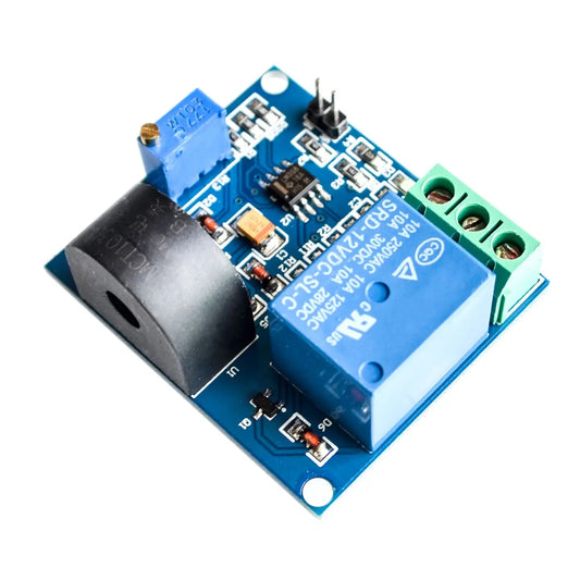 5A AC overcurrent protection sensor module with 12V relay, designed for circuit overload protection and DIY electronics projects