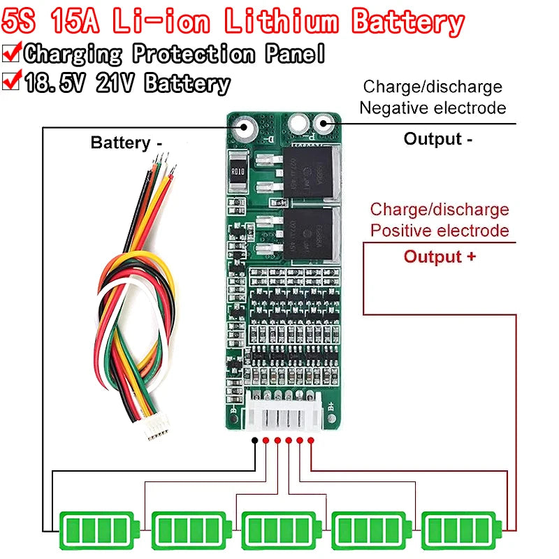5S 15A Li-ion lithium battery BMS charger protection board for 18650 cells, 18V-21V cell protection circuit for DIY battery packs