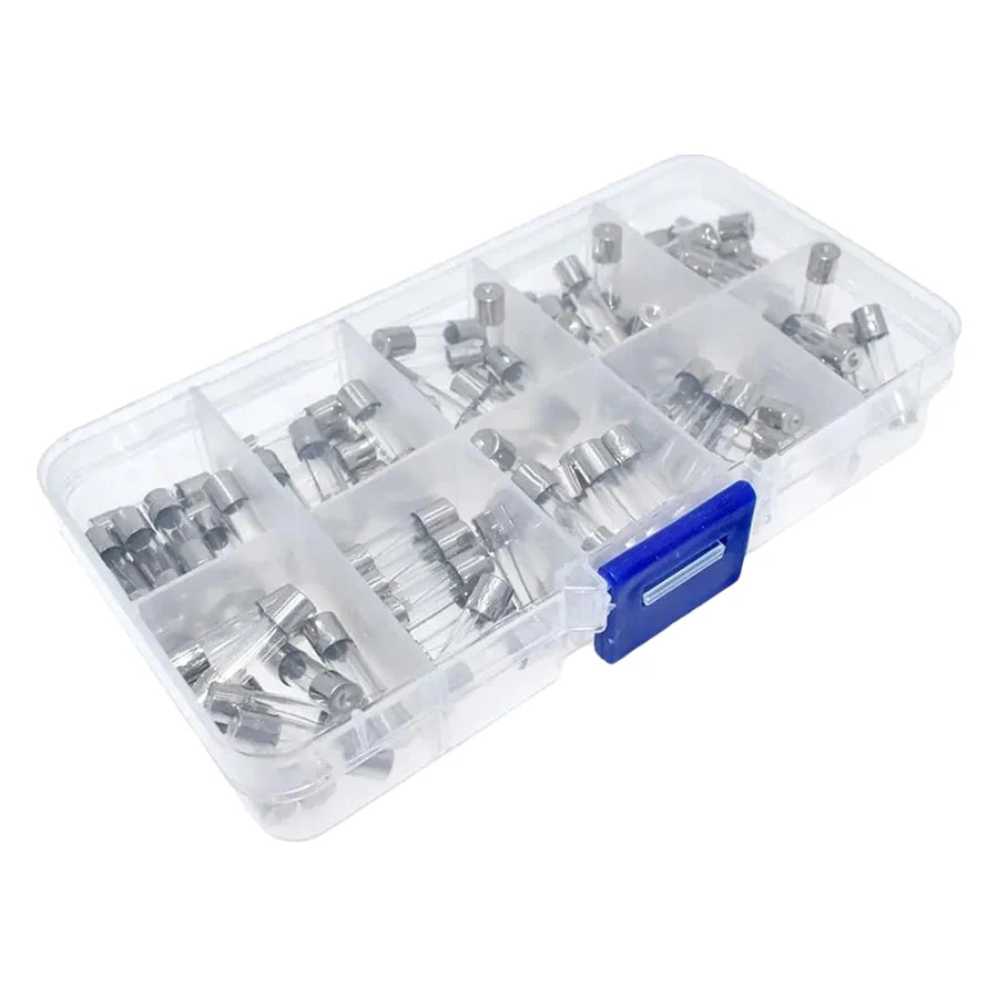5x20mm quick blow glass tube fuse kit with assorted amp ratings from 0.2A to 20A, 250V, includes storage box for electronics projects