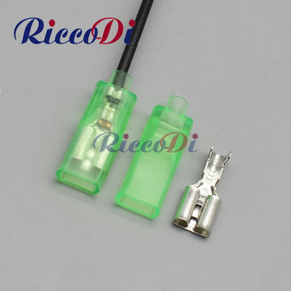 6.3mm automotive spring terminal with green sheath for push button switch, cold crimp range 0.2-1.5mm² compatible with DJ7013-6.3-21