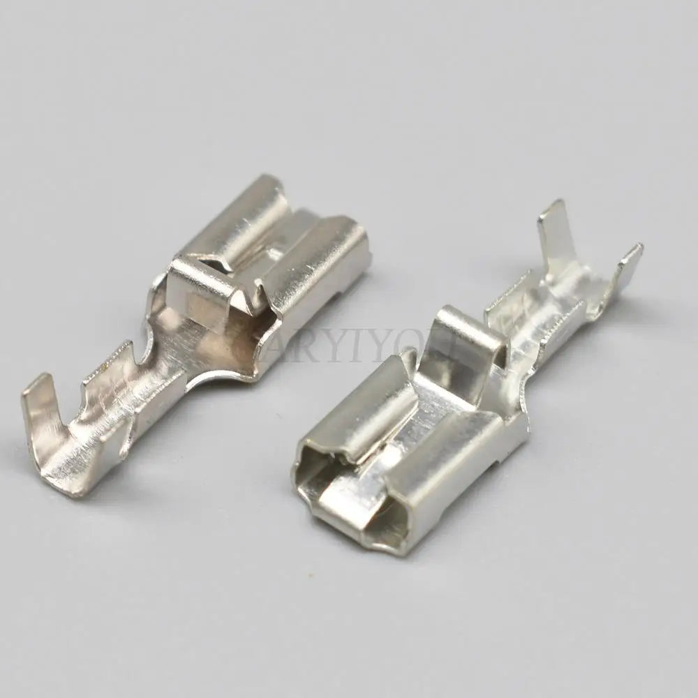 6.3MM automotive female brass tinned crimp wire terminal showing crimp structure for cable connector