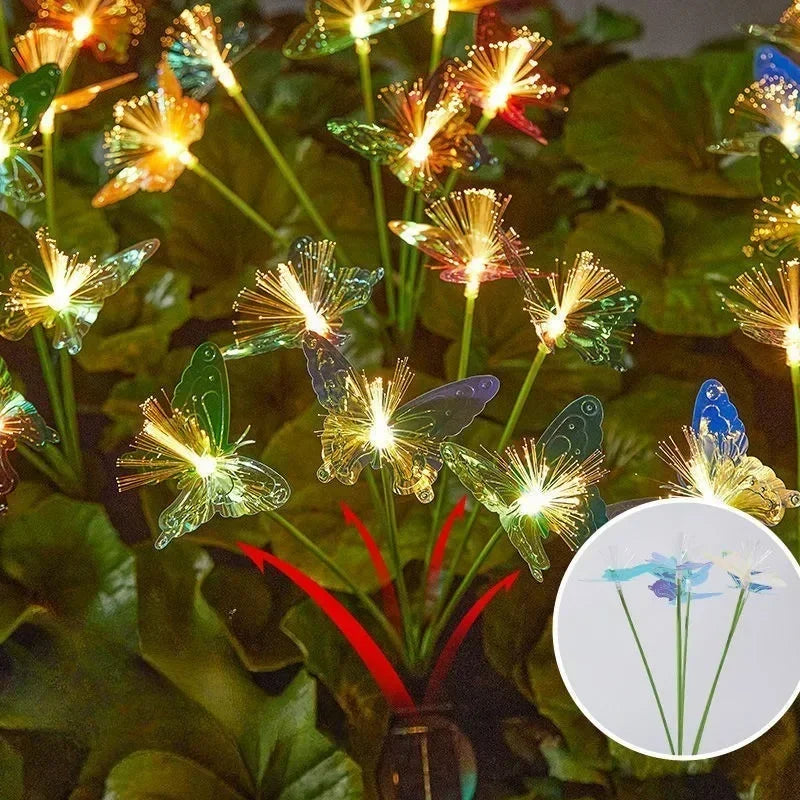 6/8 heads butterfly fiber optic flower LED lamp solar garden light for outdoor yard