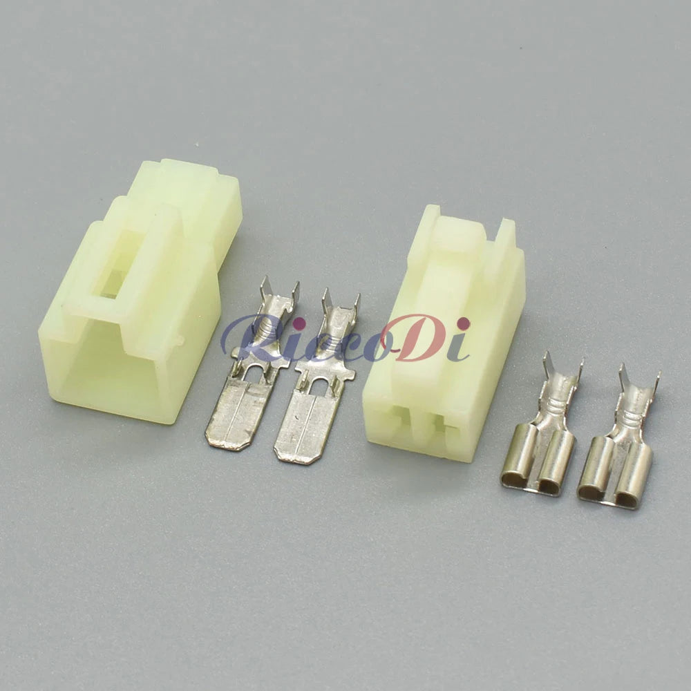 Close-up of 6.3mm 2 pin automotive wire connector showing secure waterproof socket interface