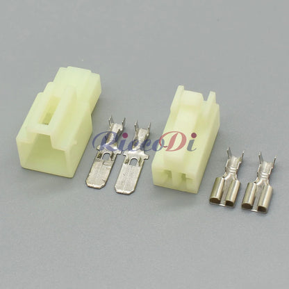 Close-up of 6.3mm 2 pin automotive wire connector showing secure waterproof socket interface