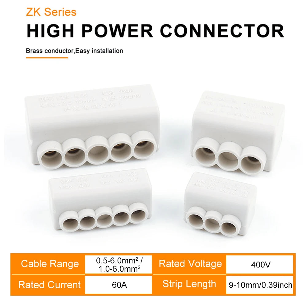 Close-up of 60A/400V cable splicing wire connector for 1-6mm² wires