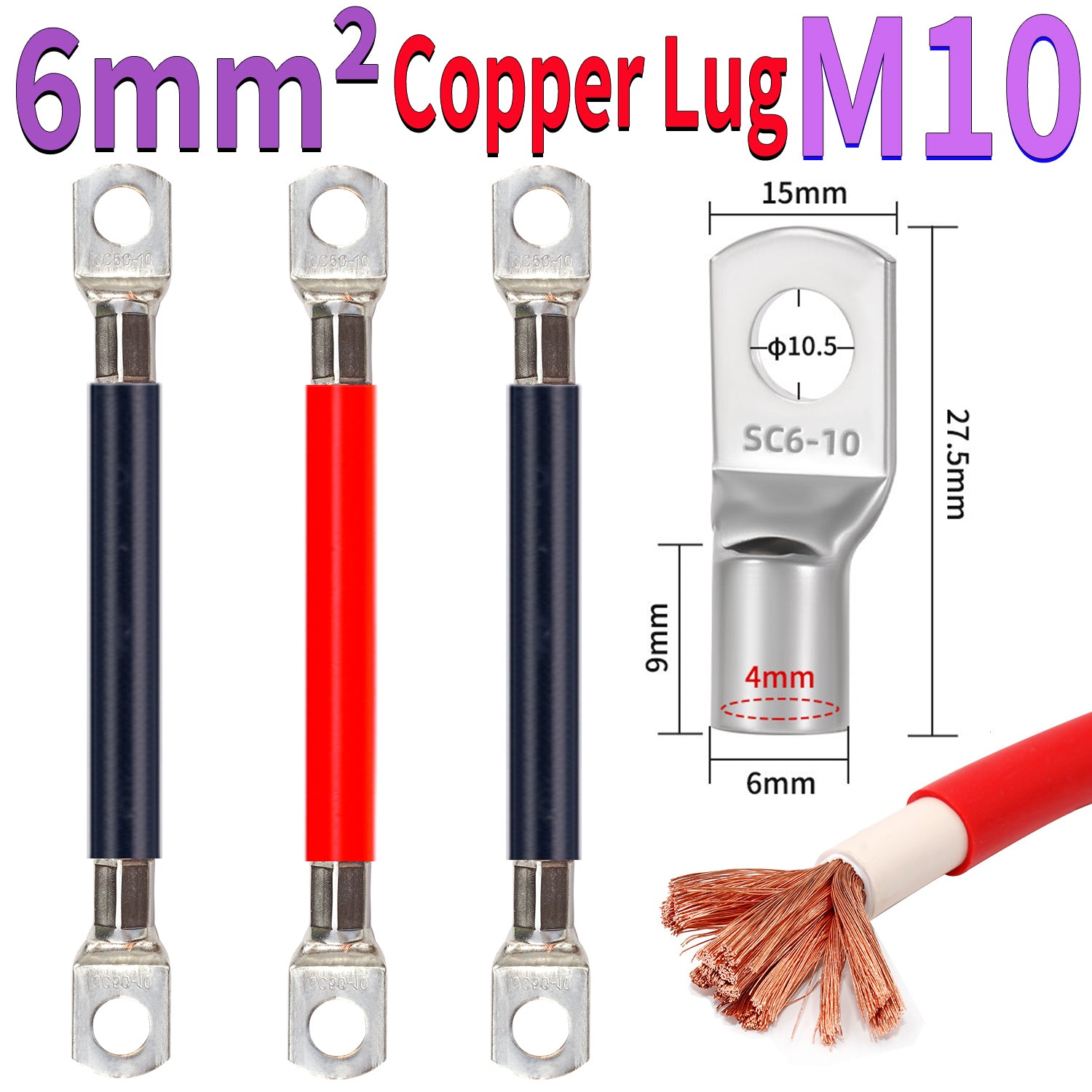 6mm² heavy duty copper lug cable with M10 ring terminal for power distribution and grounding use