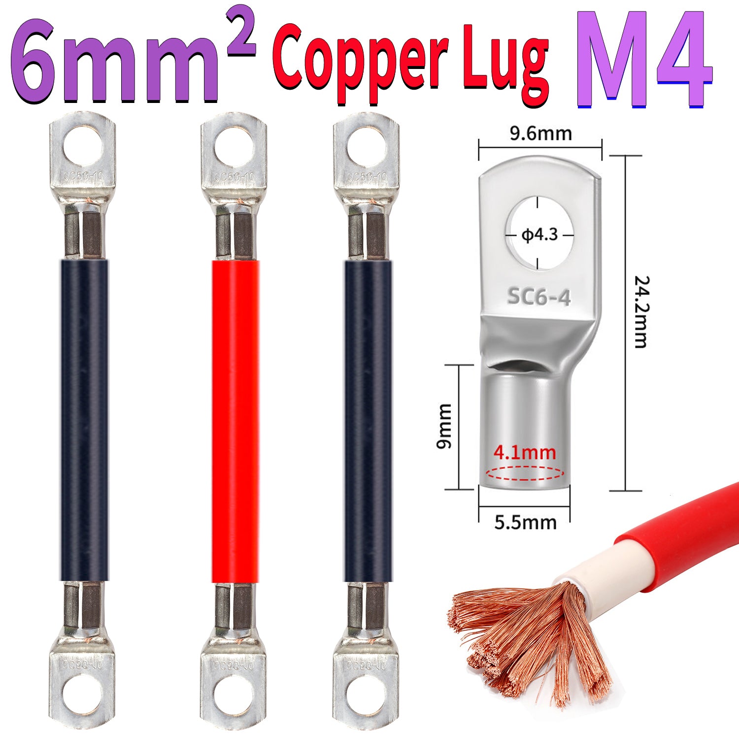 6mm² pure copper lug cable with M4 ring terminal for battery, grounding and power wiring applications