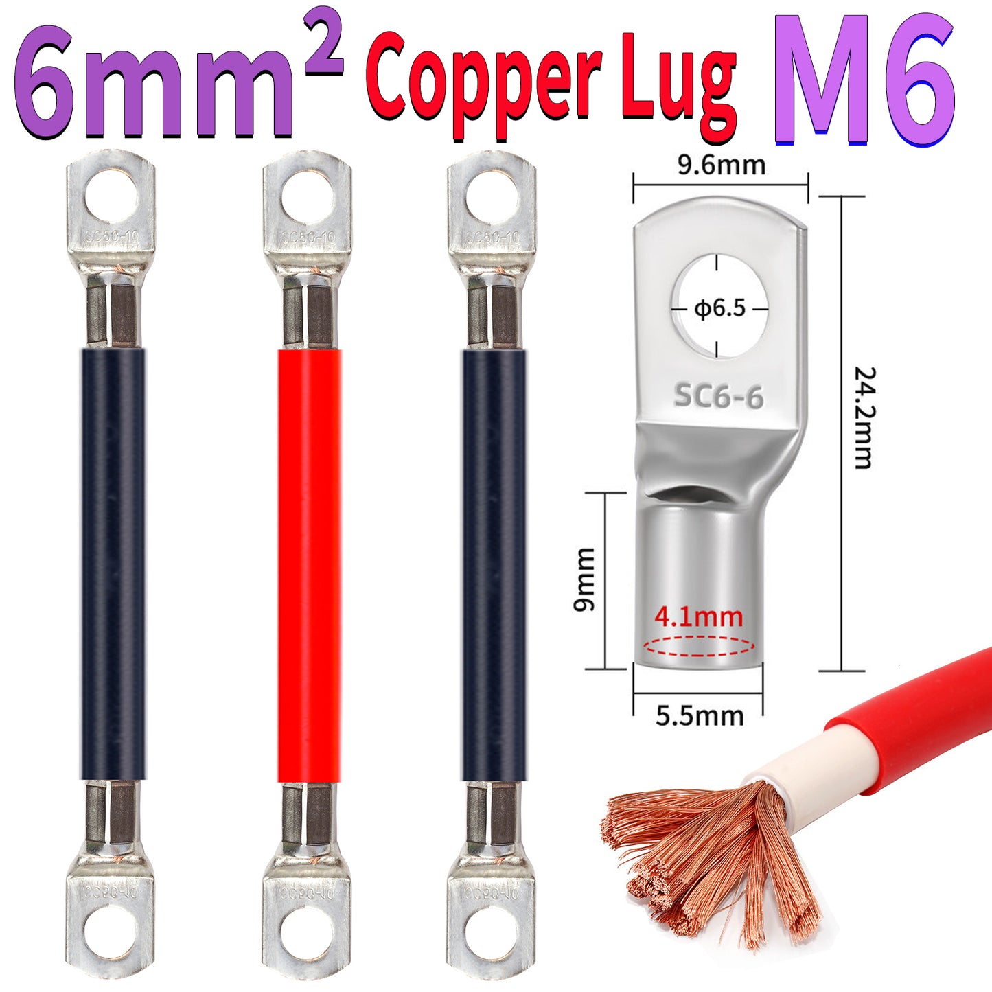 6mm² pure copper cable with M6 ring terminal for high current electrical and grounding connections