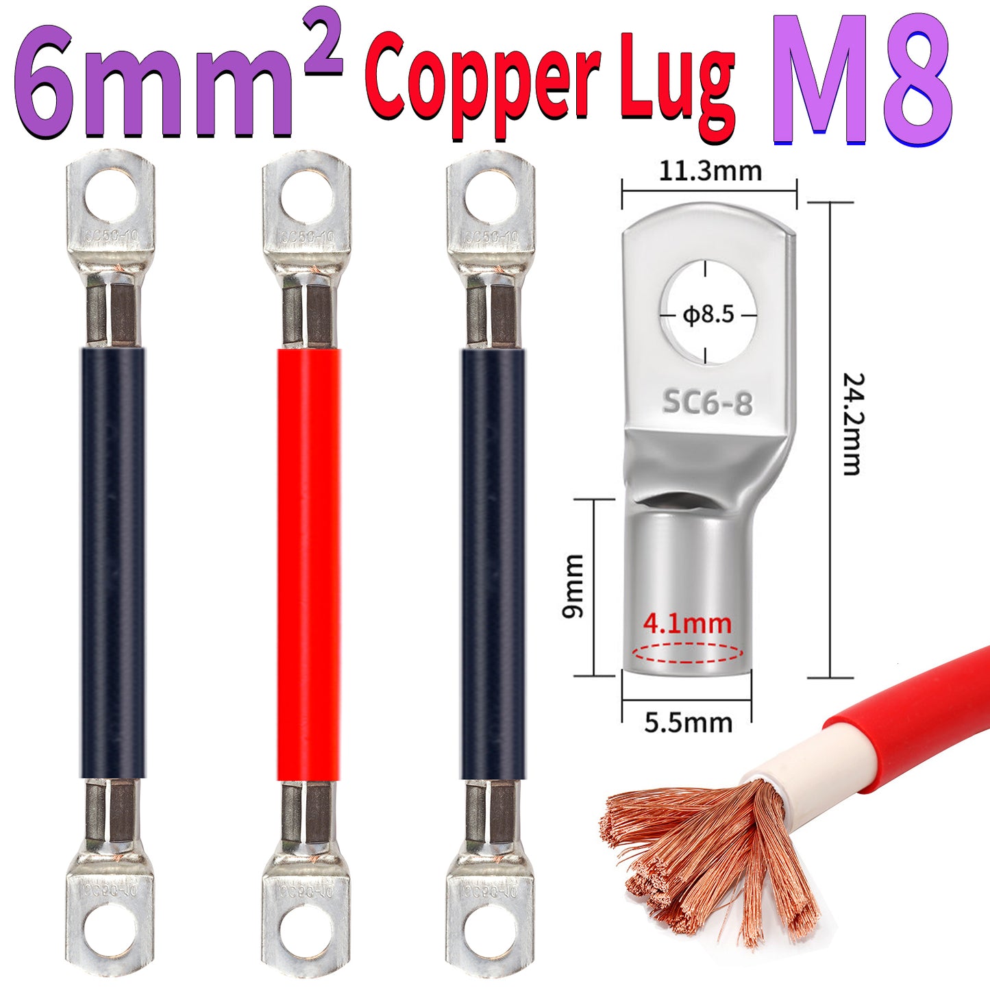 6mm² copper lug power cable with M8 ring terminal used in battery and industrial power systems
