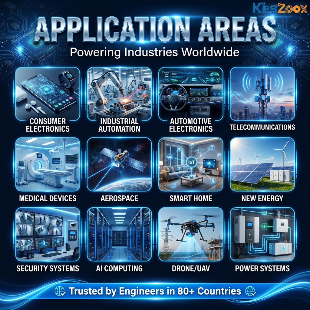 Keszoox warehouse — 50M+ electronic components SKUs in stock, same-day shipping available, STMicroelectronics and major brand components