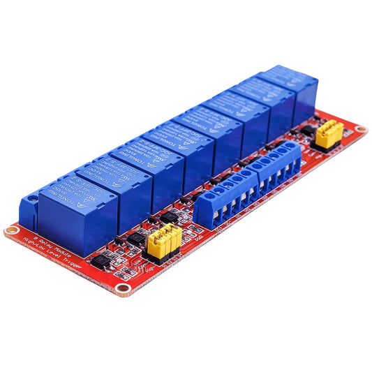 8-channel 5V/12V/24V relay module with optocoupler isolation, supports high and low level trigger, compatible with Arduino and Raspberry Pi for DIY electronics