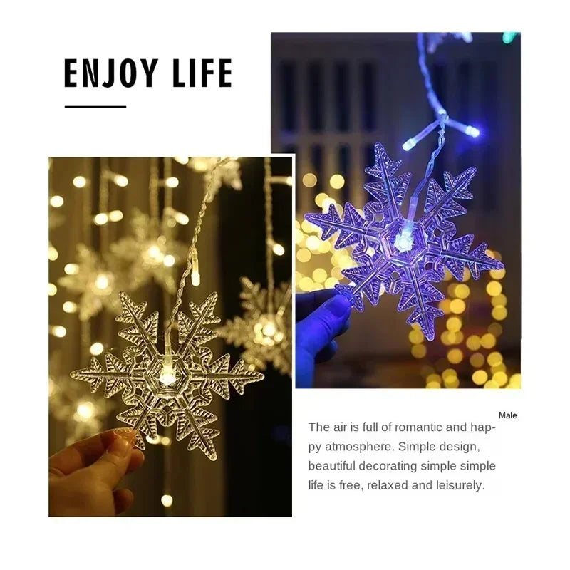Close-up of LED snowflake string lights structure with 8 lighting modes