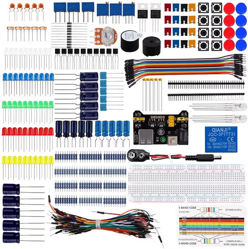 830-point breadboard kit compatible with Arduino UNO R3, including resistors, capacitors, and diodes, ideal for electronics beginners and DIY projects