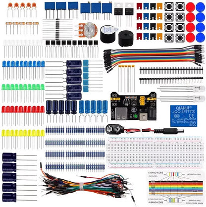 830-point breadboard kit compatible with Arduino UNO R3, including resistors, capacitors, and diodes, ideal for electronics beginners and DIY projects