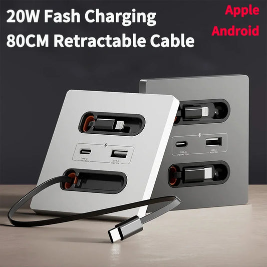 86-type wall socket panel with 20W USB-C PD and USB-A ports, 80CM retractable cable for iPhone and Android fast charging