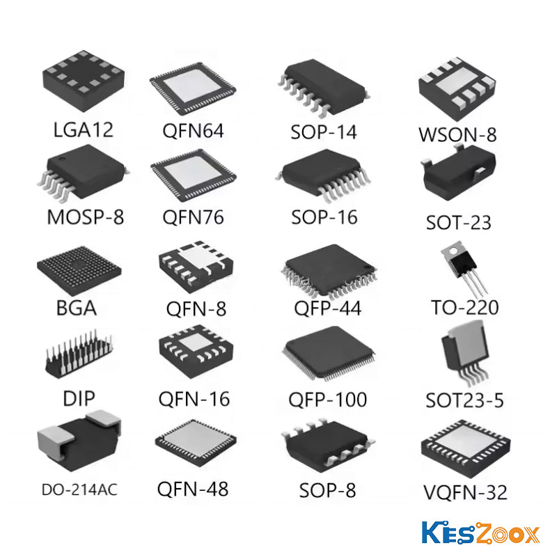 IC chip package types reference chart — LGA12, QFN64, SOP-14, WSON-8, MOSP-8, QFN76, SOP-16, SOT-23, BGA, QFN-8, QFP-44, TO-220, DIP, QFN-16, QFP-100, SOT23-5, DO-214AC, QFN-48, SOP-8, VQFN-32 — all packages in stock at Keszoox
