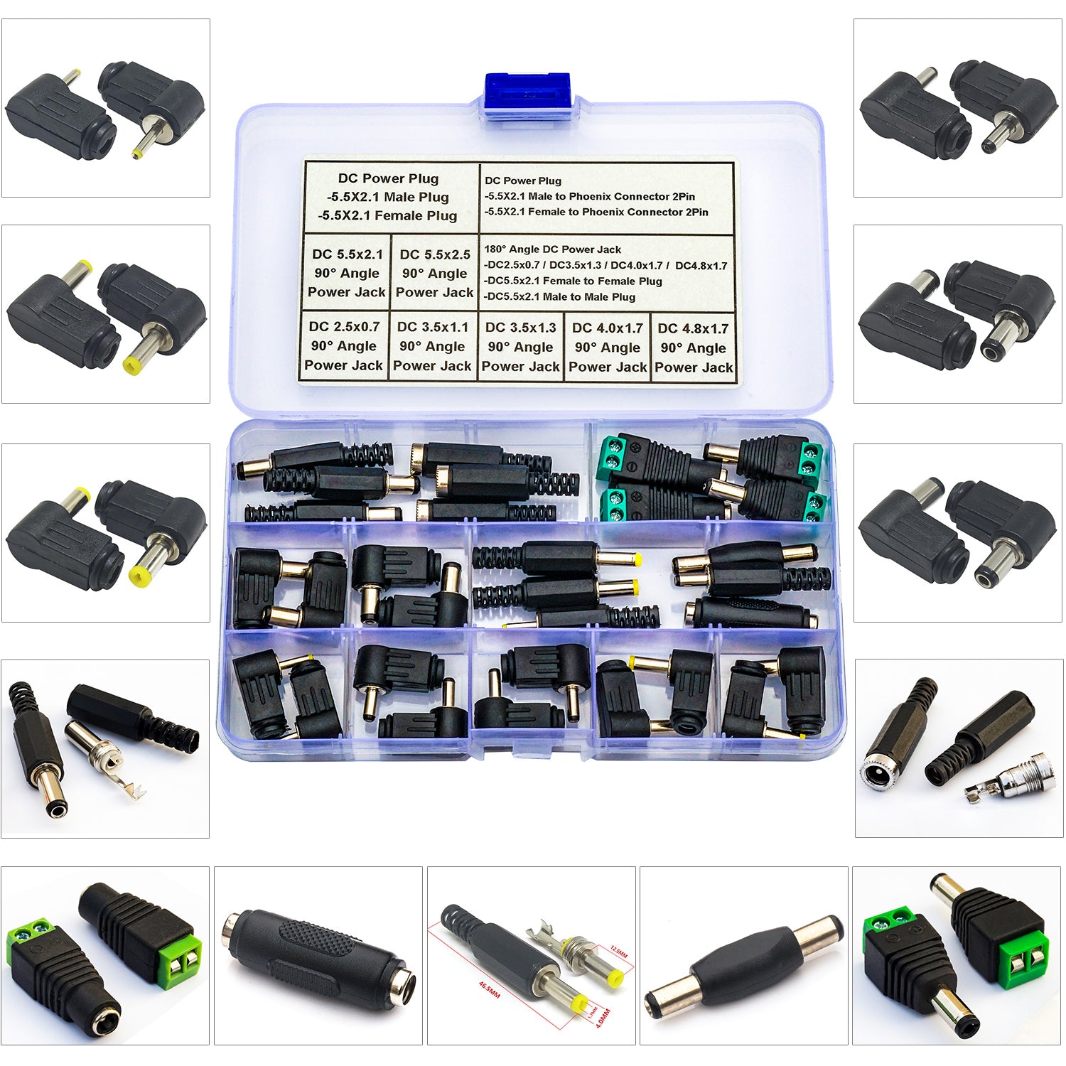 Durable 90 degree male plug and female DC socket connectors for compact power connections
