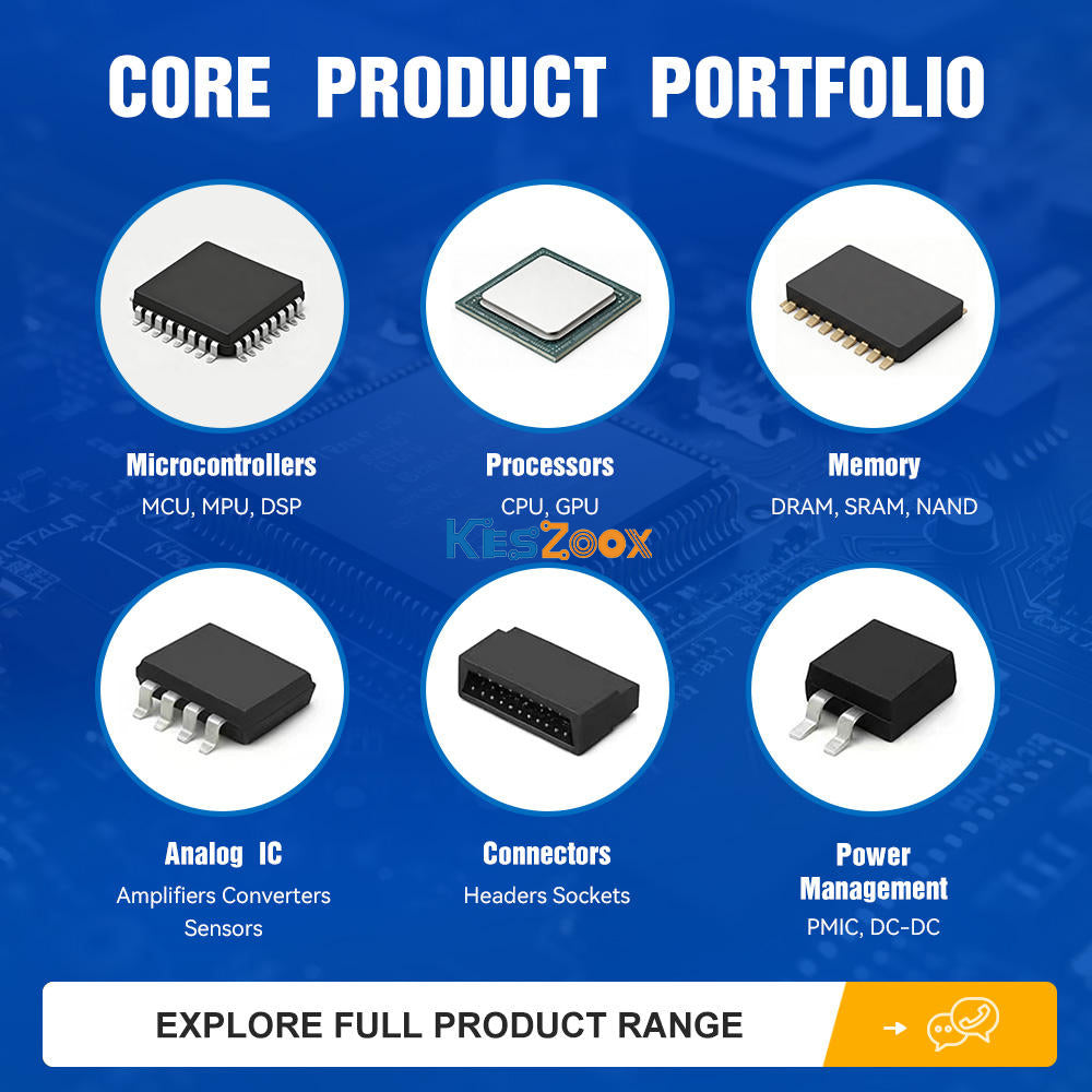 Keszoox core product portfolio — microcontrollers MCU MPU DSP LQFP package, processors CPU GPU ceramic package, memory DRAM SRAM NAND SOP package, analog IC amplifiers converters sensors SOP-8, connectors headers sockets IDC, power management PMIC DC-DC TO-252 DPAK — complete electronic component sourcing from one supplier explore full product range
