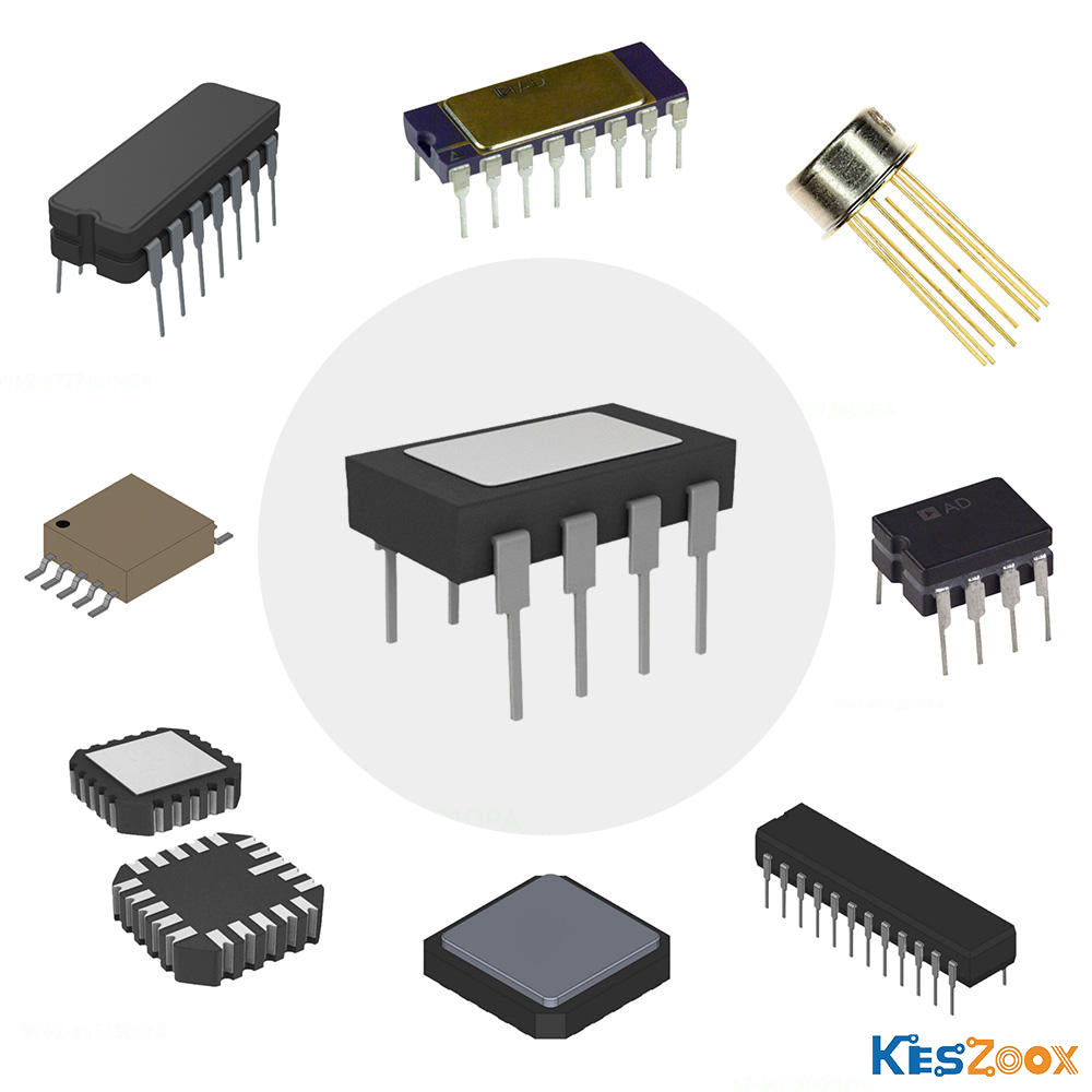 IC chip package types radial reference — center DIP-8, surrounding: black DIP-14, ceramic gold DIP-14, TO-5 metal can, LCC ceramic package, AD brand DIP-8, DIP-20, BGA ball grid array, QFN-20 exposed pad, bare die chip — legacy and modern IC packages all stocked at Keszoox