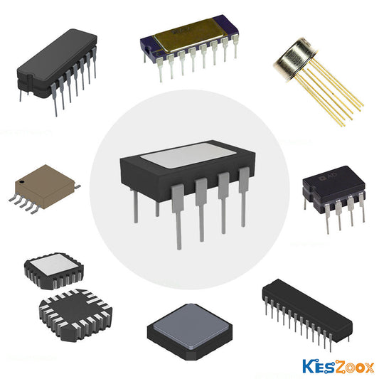 IC chip package types radial reference — center DIP-8, surrounding: black DIP-14, ceramic gold DIP-14, TO-5 metal can, LCC ceramic package, AD brand DIP-8, DIP-20, BGA ball grid array, QFN-20 exposed pad, bare die chip — legacy and modern IC packages all stocked at Keszoox
