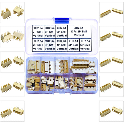 Assorted JST XH2.5mm pitch vertical SMT headers available in 2 to 12 pins for electronics integration
