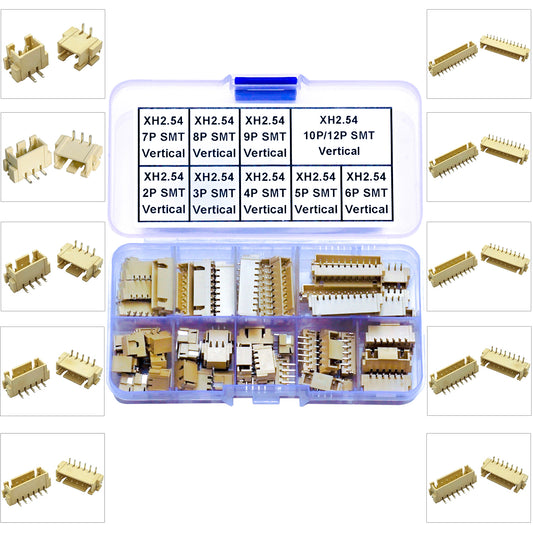 Assorted JST XH2.5mm pitch vertical SMT headers available in 2 to 12 pins for electronics integration